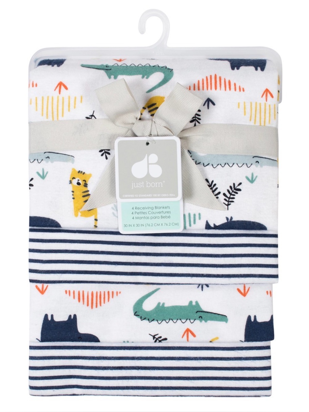 Just Born Baby Receiving Blanket Set - White with Navy & Multi Animal Print